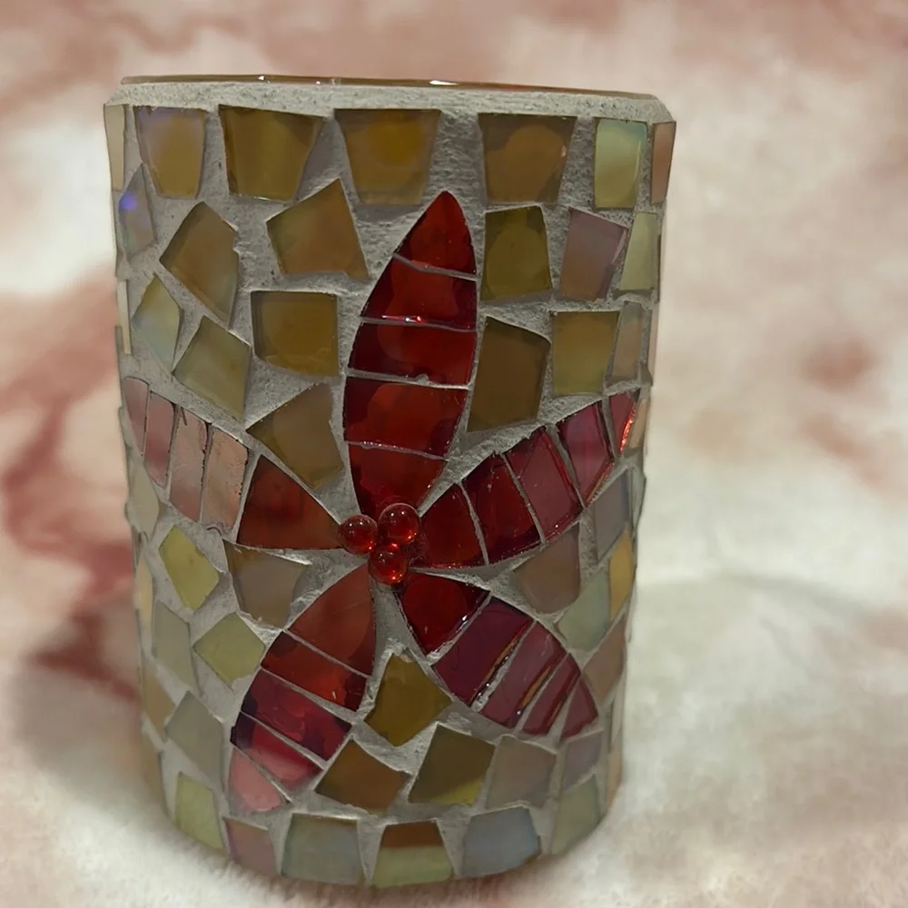 Crate & Barrel Stained Glass Pointsettia Mosaic Candle Holder w scented votifs R